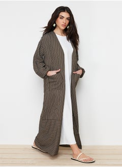 trendyol Khaki Long Linen Look Striped Woven Cape & Abaya & Abaya TCTSS24KF00003  - Image 4