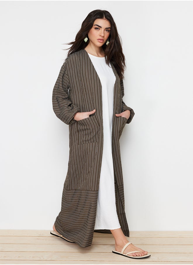 trendyol Khaki Long Linen Look Striped Woven Cape & Abaya & Abaya TCTSS24KF00003  - Image 4