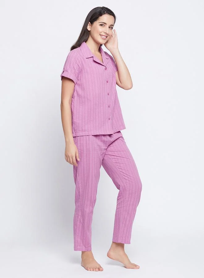 Clovia Clovia Striped Button Down Shirt and Pyjama Set