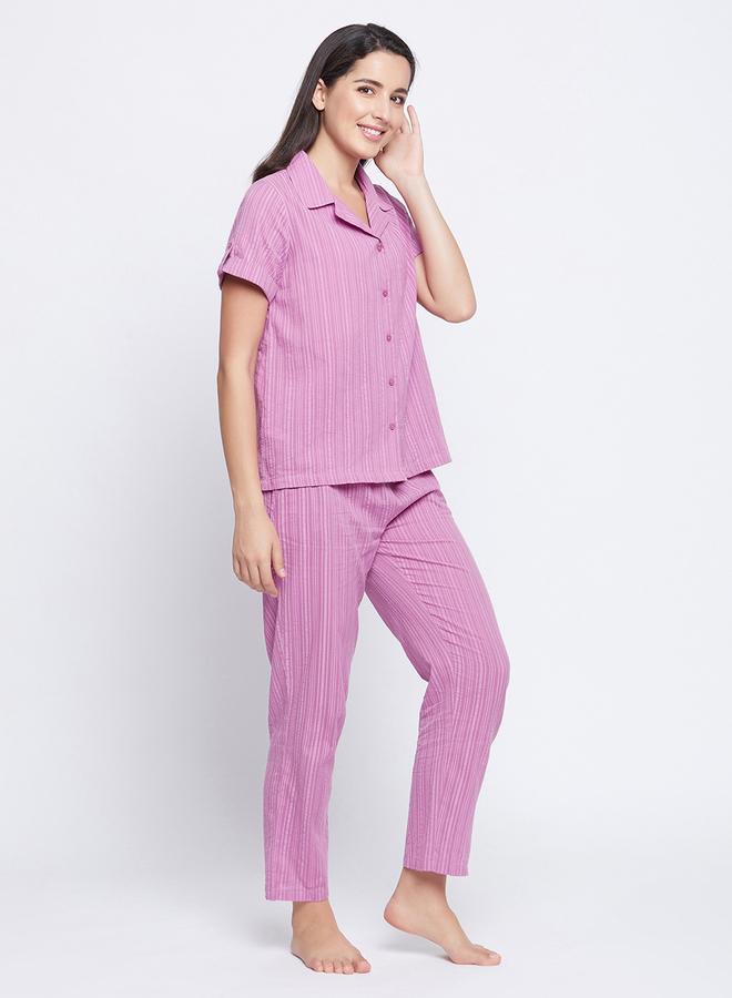 Clovia Striped Button Down Shirt and Pyjama Set - Image 3