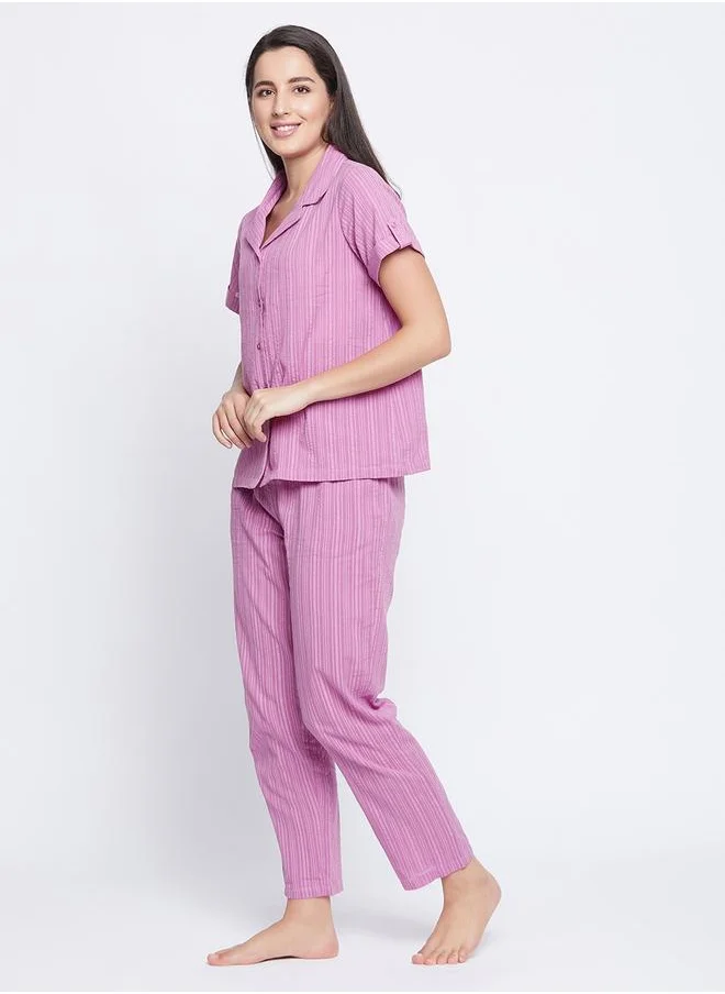 Clovia Clovia Striped Button Down Shirt and Pyjama Set