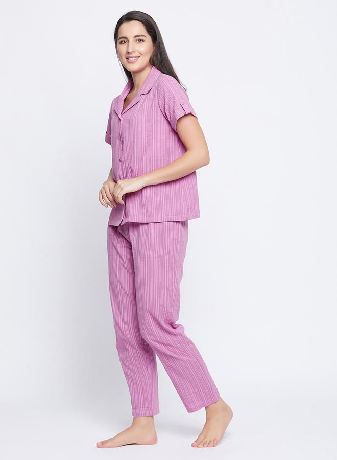 Clovia Striped Button Down Shirt and Pyjama Set - Image 2
