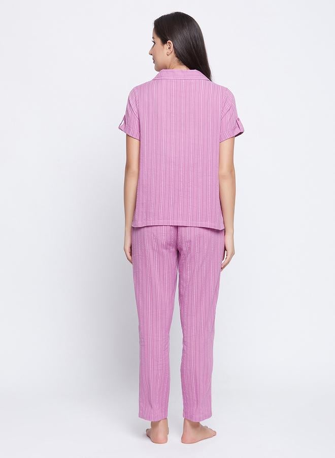 Clovia Striped Button Down Shirt and Pyjama Set - Image 4