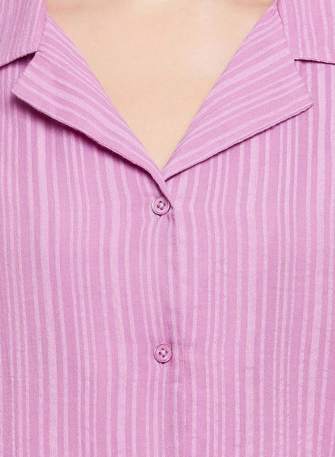 Clovia Clovia Striped Button Down Shirt and Pyjama Set