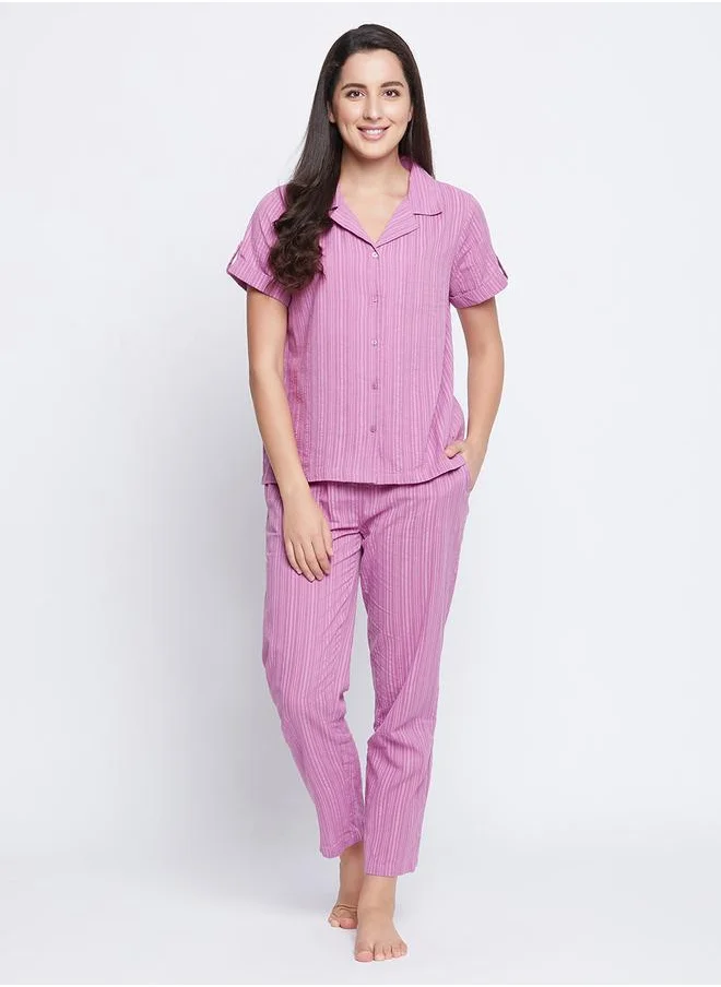 Clovia Clovia Striped Button Down Shirt and Pyjama Set