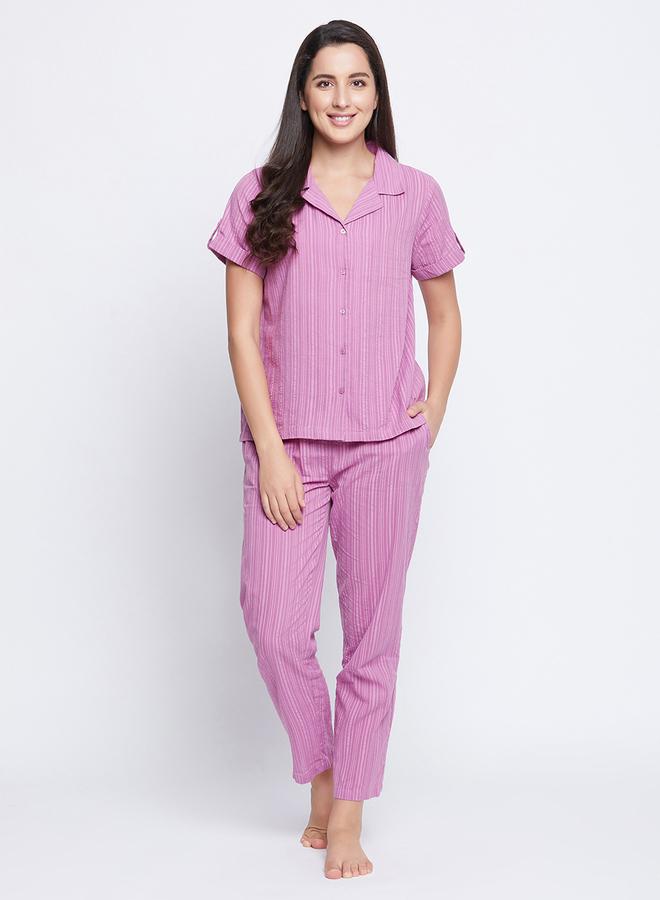Clovia Striped Button Down Shirt and Pyjama Set - Image 1