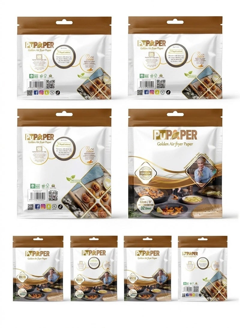 PUPAPER Round gold air fryer paper, 4 packs, 32 sheets, 22cm size, microwave and oven safe - Image 1