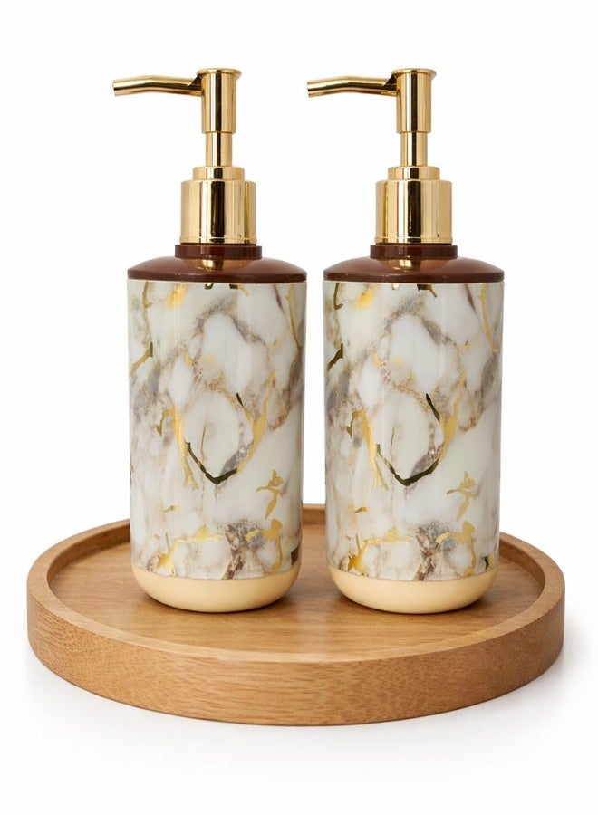 LAGET® Marble Design Plastic Soap Dispenser Set of 2 (300ml Each) with Gold Pump | Refillable Liquid Handwash, Lotion Bottle for Bathroom Accessories, Kitchen Sink, Wash Basin (Cream) - Image 1