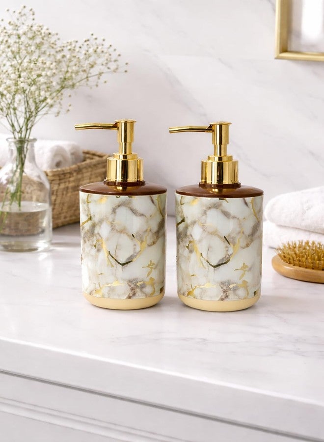 LAGET® Marble Design Plastic Soap Dispenser Set of 2 (300ml Each) with Gold Pump | Refillable Liquid Handwash, Lotion Bottle for Bathroom Accessories, Kitchen Sink, Wash Basin (Cream) - Image 2