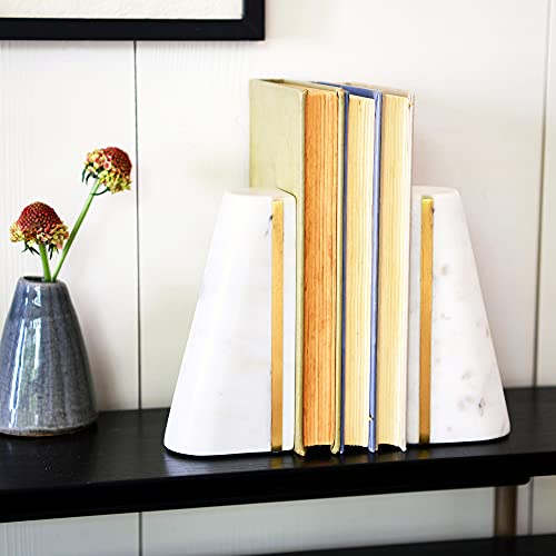 Main + Mesa Geometric Marble Bookends with Brass Inlay, White - Image 2