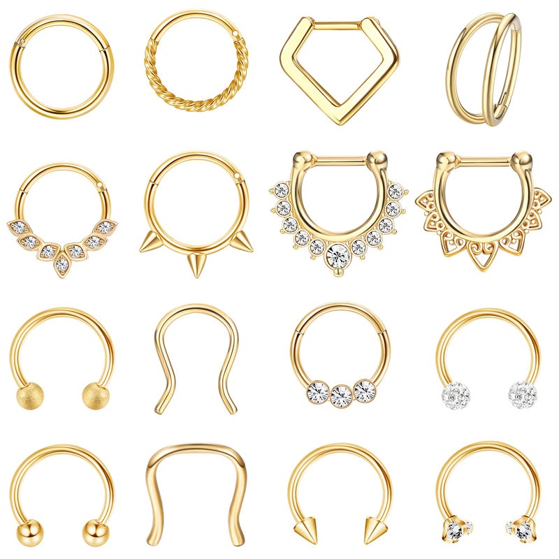 Besteel Hypoallergenic Gold Septum Rings 16G 8mm Surgical Steel Clicker Nose Rings Hoops Set Small Lip Cartilage Helix Daith Piercing Jewelry for Women Men 16 Pcs - Image 1