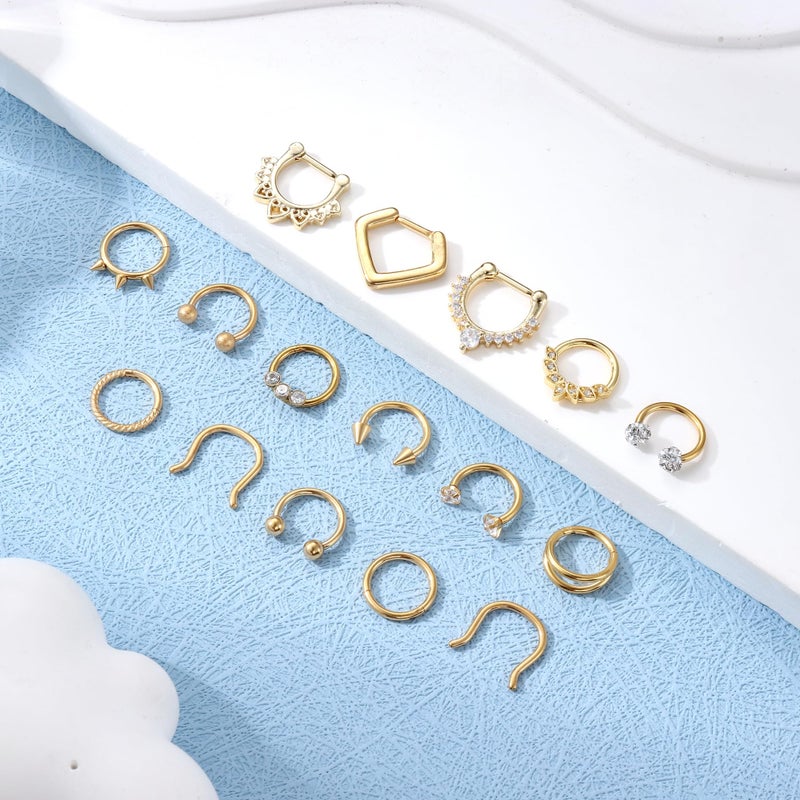 Besteel Hypoallergenic Gold Septum Rings 16G 8mm Surgical Steel Clicker Nose Rings Hoops Set Small Lip Cartilage Helix Daith Piercing Jewelry for Women Men 16 Pcs - Image 4