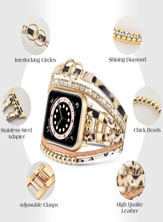 MOFREE Boho Leather Bracelet Compatible with Apple Watch Band 38mm 40mm 41mm 42mm Women, Handmade Multilayer Wrap Beaded Jewelry Apple Watch Strap for iWatch Series SE 11 10 9 8 7 6 5 4 3 2 1 Leopard - Image 2