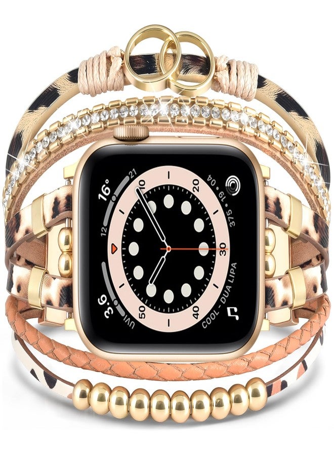 MOFREE Boho Leather Bracelet Compatible with Apple Watch Band 38mm 40mm 41mm 42mm Women, Handmade Multilayer Wrap Beaded Jewelry Apple Watch Strap for iWatch Series SE 11 10 9 8 7 6 5 4 3 2 1 Leopard - Image 1