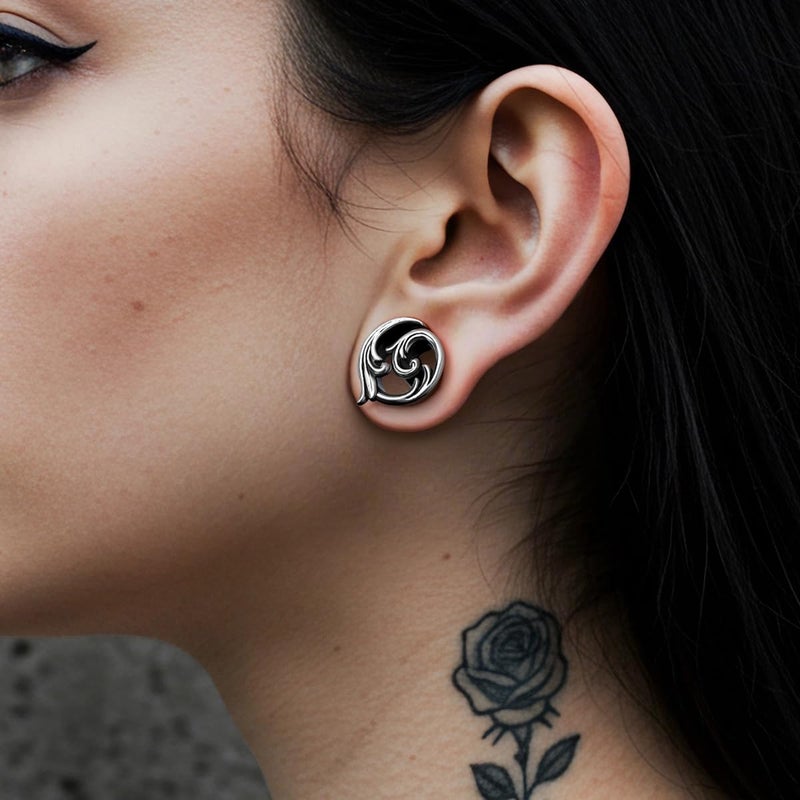 ERKUOO 2PCS Gothic Baroque Occult Ear Tunnels 6mmâ€“25mm Swirl Cross Eye Plugs Gauges Double Flare Saddle Stretching Piercing Jewelry for Women Men Alternative Fashion - Image 4