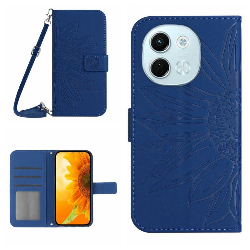 HuHa Case Cover For Tecno Spark 30 5G Skin Feel Sun Flower Embossed Flip Leather Phone Case with Lanyard(Dark Blue) - Image 1