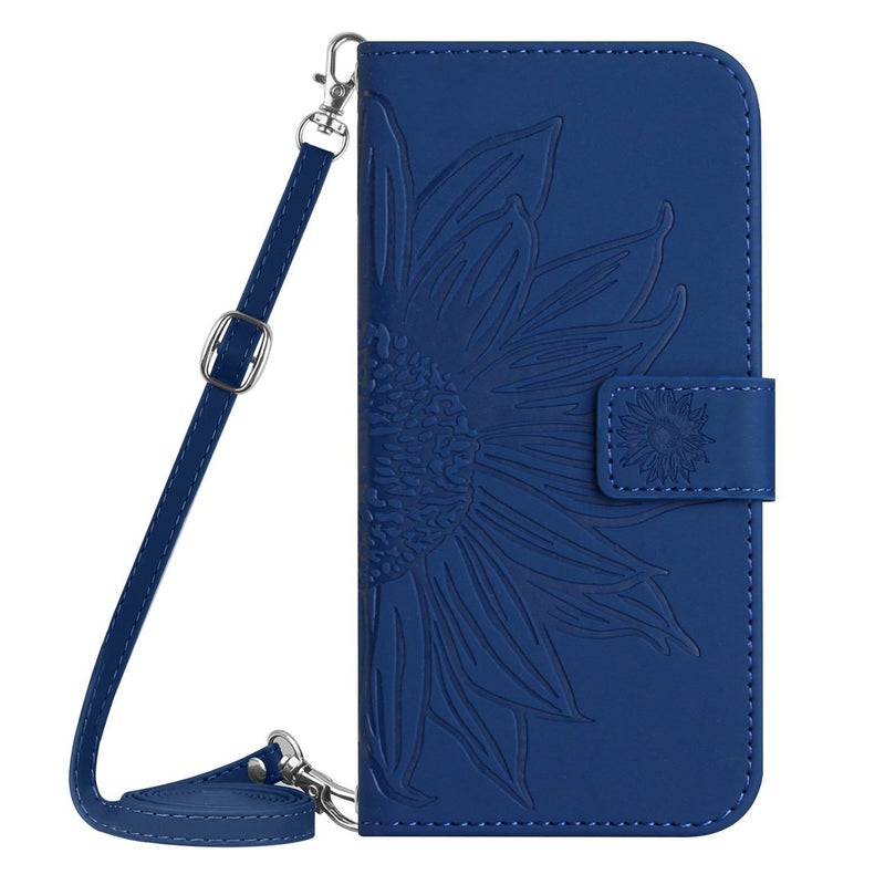 HuHa Case Cover For Tecno Spark 30 5G Skin Feel Sun Flower Embossed Flip Leather Phone Case with Lanyard(Dark Blue) - Image 2