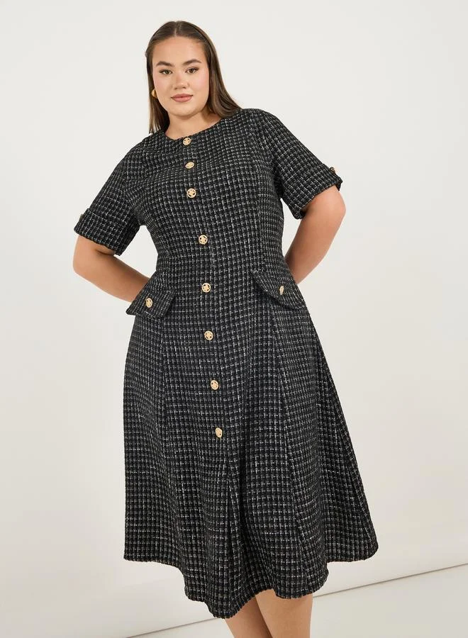 Styli Styli Plus Size Short Sleeves A-Line Tweed Midi Dress