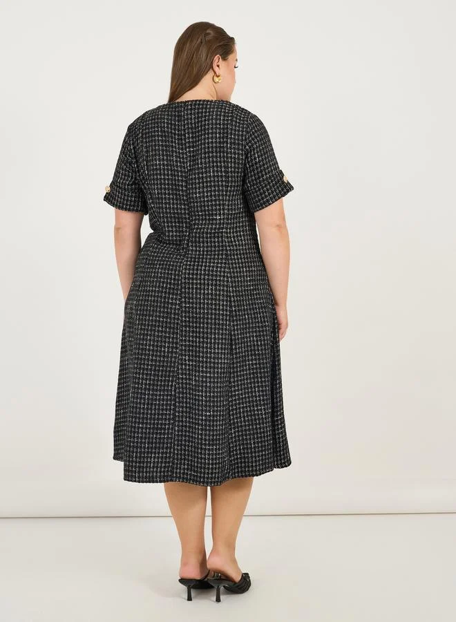 Styli Styli Plus Size Short Sleeves A-Line Tweed Midi Dress