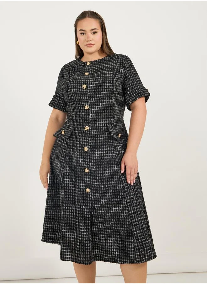 Styli Plus Size Short Sleeves A-Line Tweed Midi Dress