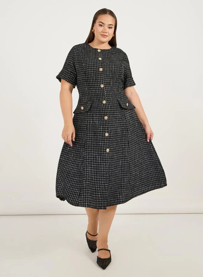Styli Styli Plus Size Short Sleeves A-Line Tweed Midi Dress
