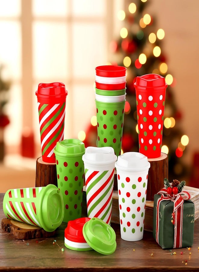 فيسيشي مجموعة فيسيتشي المكونة من 12 كوب قهوة قابل لإعادة الاستخدام مع أغطية، سعة 16 أونصة، مصنوعة من البلاستيك، مثالية لحفلات الكريسماس. أكواب قهوة مخططة بنقاط وخطوط حمراء وخضراء، هدية شكر رائعة للمشروبات الساخنة والباردة والشاي في موسم الأعياد. - Image 3