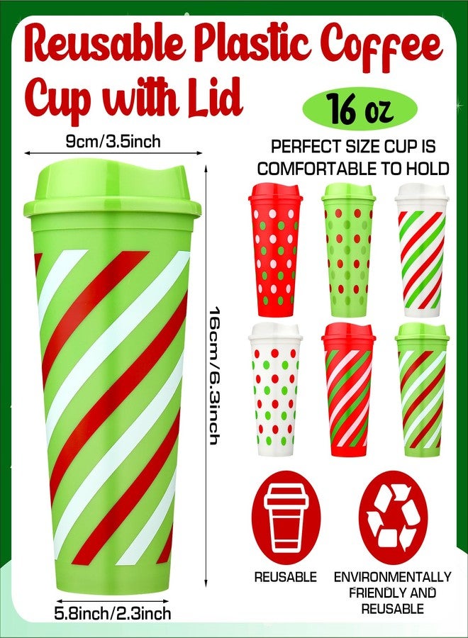 فيسيشي مجموعة فيسيتشي المكونة من 12 كوب قهوة قابل لإعادة الاستخدام مع أغطية، سعة 16 أونصة، مصنوعة من البلاستيك، مثالية لحفلات الكريسماس. أكواب قهوة مخططة بنقاط وخطوط حمراء وخضراء، هدية شكر رائعة للمشروبات الساخنة والباردة والشاي في موسم الأعياد. - Image 2