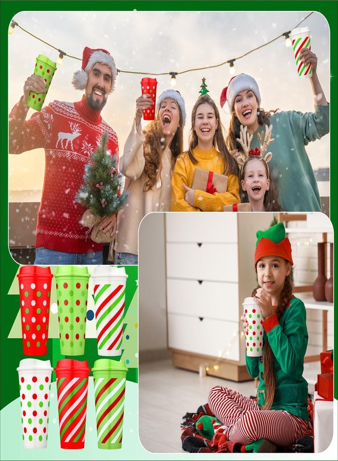 فيسيشي مجموعة فيسيتشي المكونة من 12 كوب قهوة قابل لإعادة الاستخدام مع أغطية، سعة 16 أونصة، مصنوعة من البلاستيك، مثالية لحفلات الكريسماس. أكواب قهوة مخططة بنقاط وخطوط حمراء وخضراء، هدية شكر رائعة للمشروبات الساخنة والباردة والشاي في موسم الأعياد. - Image 4