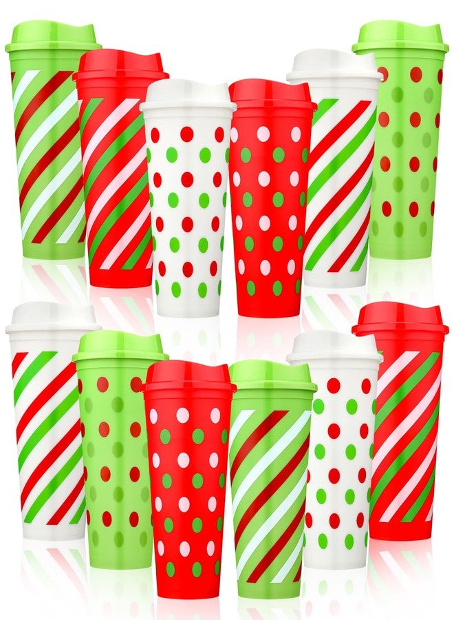 فيسيشي مجموعة فيسيتشي المكونة من 12 كوب قهوة قابل لإعادة الاستخدام مع أغطية، سعة 16 أونصة، مصنوعة من البلاستيك، مثالية لحفلات الكريسماس. أكواب قهوة مخططة بنقاط وخطوط حمراء وخضراء، هدية شكر رائعة للمشروبات الساخنة والباردة والشاي في موسم الأعياد. - Image 1
