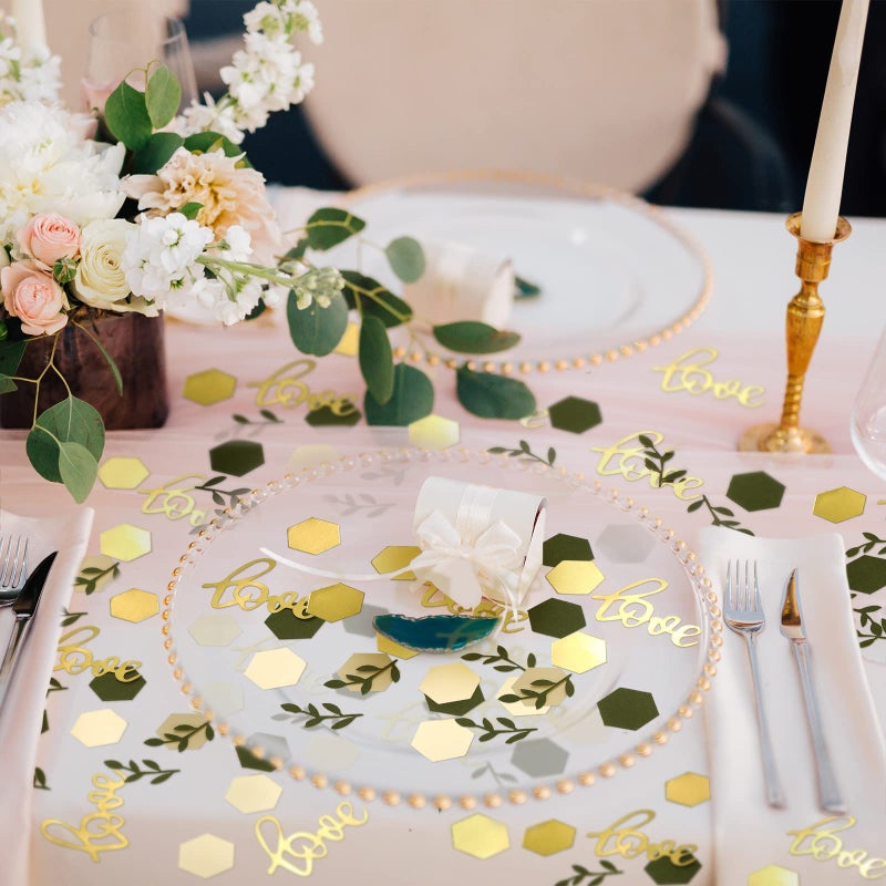 Minatee 400 Pcs Greenery Wedding Table Confetti Decorations, Sage Olive Green Confetti Table Scatter Dots with Eucalyptus and Gold Love Confetti for Bridal Shower Wedding Decor(Wedding Style) - Image 5