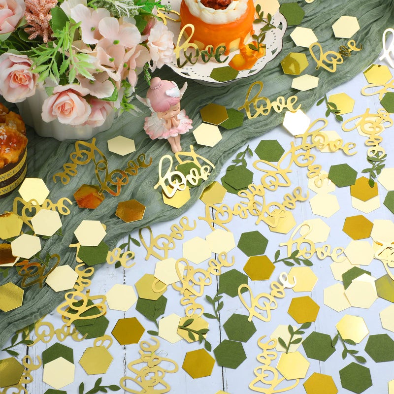 Minatee 400 Pcs Greenery Wedding Table Confetti Decorations, Sage Olive Green Confetti Table Scatter Dots with Eucalyptus and Gold Love Confetti for Bridal Shower Wedding Decor(Wedding Style) - Image 3