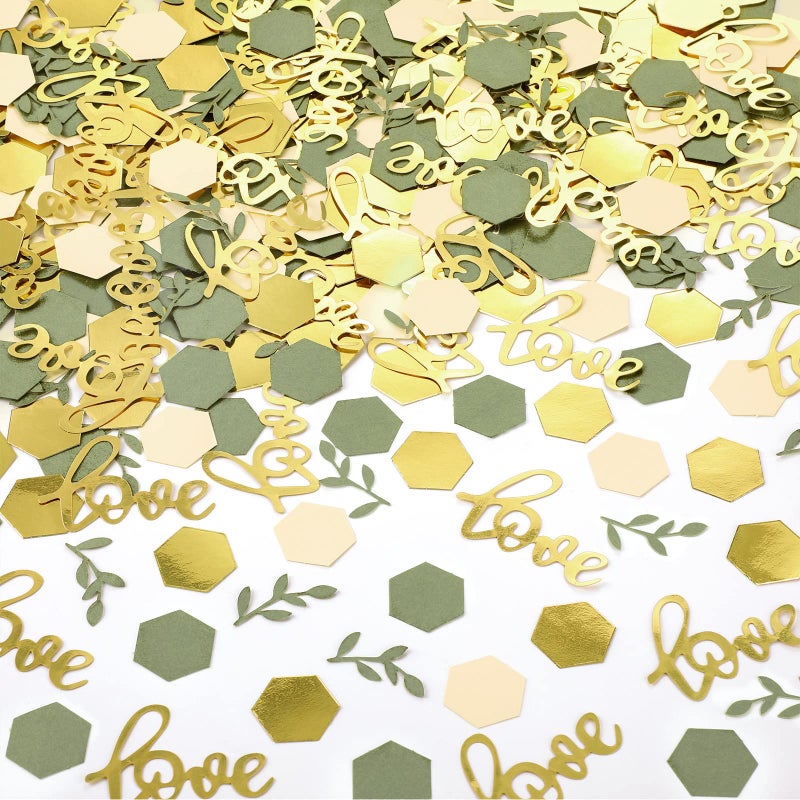 Minatee 400 Pcs Greenery Wedding Table Confetti Decorations, Sage Olive Green Confetti Table Scatter Dots with Eucalyptus and Gold Love Confetti for Bridal Shower Wedding Decor(Wedding Style) - Image 1