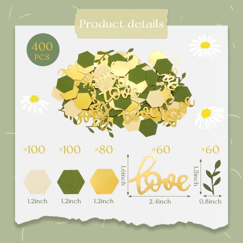 Minatee 400 Pcs Greenery Wedding Table Confetti Decorations, Sage Olive Green Confetti Table Scatter Dots with Eucalyptus and Gold Love Confetti for Bridal Shower Wedding Decor(Wedding Style) - Image 2