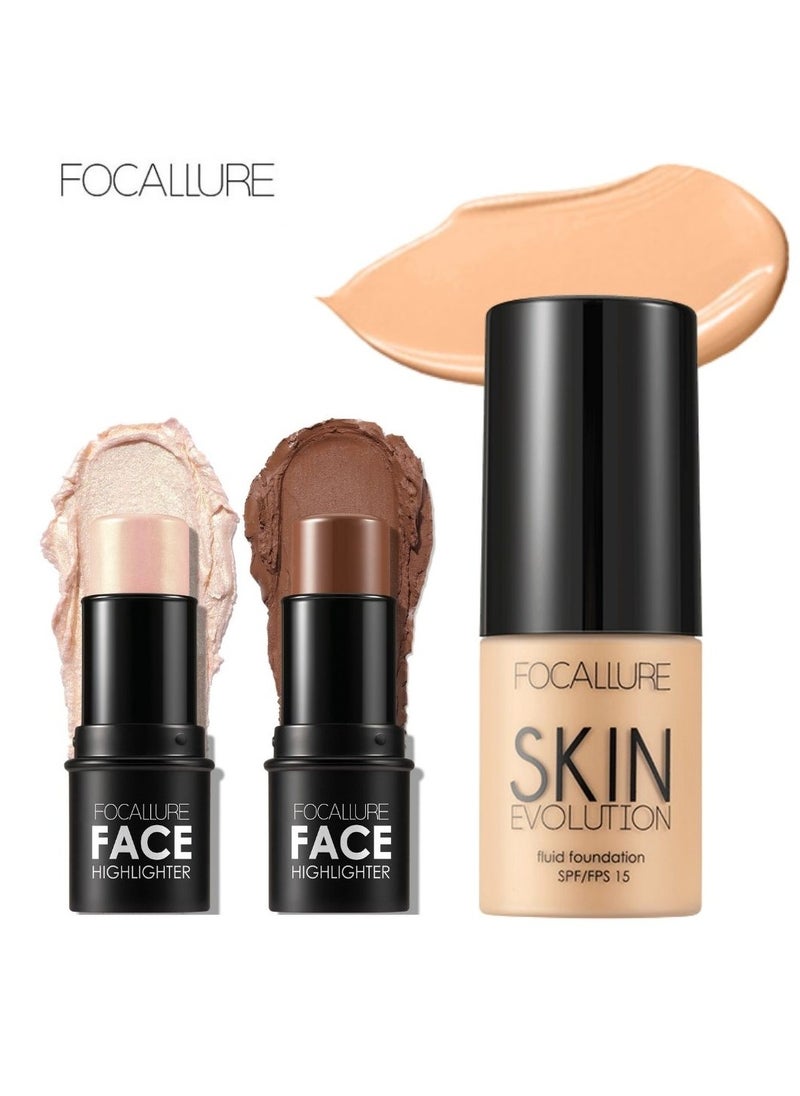 FOCALLURE - Set of Face Highlighter & Contour Stick + Skin Evolution Liquid Foundation -#4 Natural - Image 1