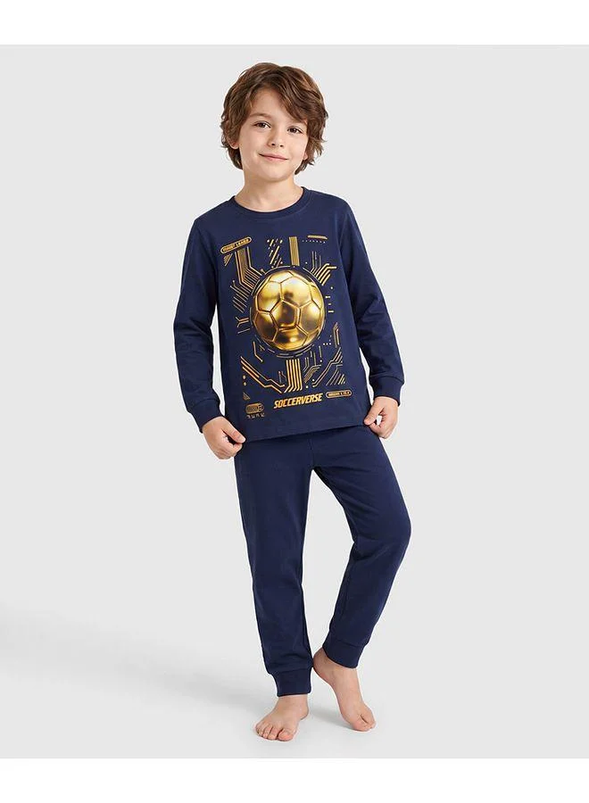 Primo Gino Primo Gino 100% Cotton Knit Full Sleeves T-Shirt & Pajama Night Suit With Ball Print - Blue