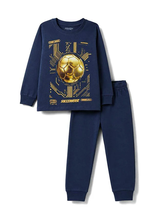 Primo Gino Primo Gino 100% Cotton Knit Full Sleeves T-Shirt & Pajama Night Suit With Ball Print - Blue