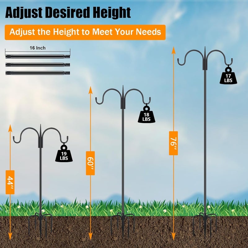 FEED GARDEN خطاف الراعي المزدوج القابل للتعديل من FEED GARDEN للاستخدام الخارجي مع قاعدة خماسية الشعب، عمود مغذي طيور ثنائي الجوانب ثقيل بطول 76 بوصة لتعليق سلال النباتات، فوانيس الأضواء الشمسية، أجراس الرياح - عبوة من قطعتين - Image 3