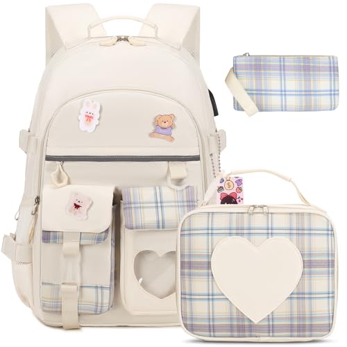 ACESAK Backpack for Girls - Bookbag Backpacks Schoolbag for Girls Kids Teen Women Casual Travel Daypacks - School Bag Elementary Middle School College Cute Backpack with Lunch Box (Beige) - Image 1