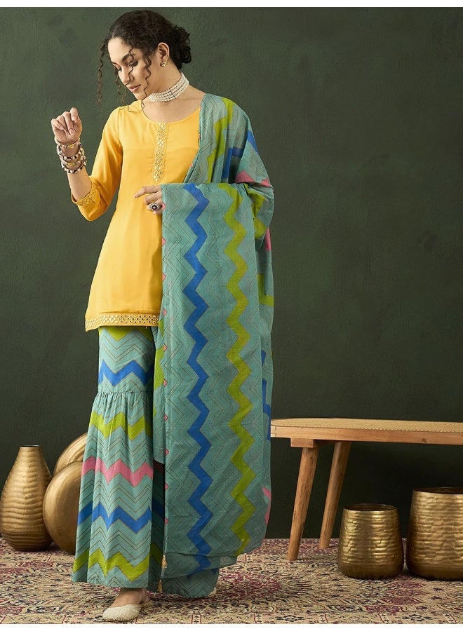 AKS Leheriya Printed Mirror Work Georgette Straight Kurta With Sharara Dupatta - Image 1