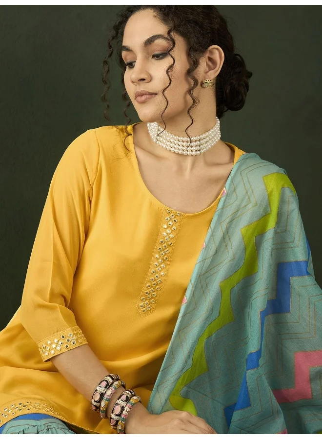 AKS Leheriya Printed Mirror Work Georgette Straight Kurta With Sharara Dupatta