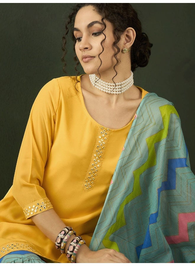 AKS Leheriya Printed Mirror Work Georgette Straight Kurta With Sharara Dupatta - Image 2