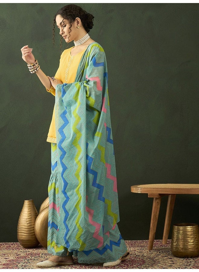 AKS Leheriya Printed Mirror Work Georgette Straight Kurta With Sharara Dupatta - Image 4