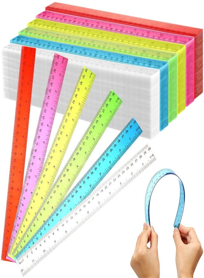Fumete 144 Pack 12 Inch Plastic Rulers Bulk for Classroom Supplies Flexible Transparent Assorted Color Ruler with Centimeters and Inches for Office Teacher Student - Image 1