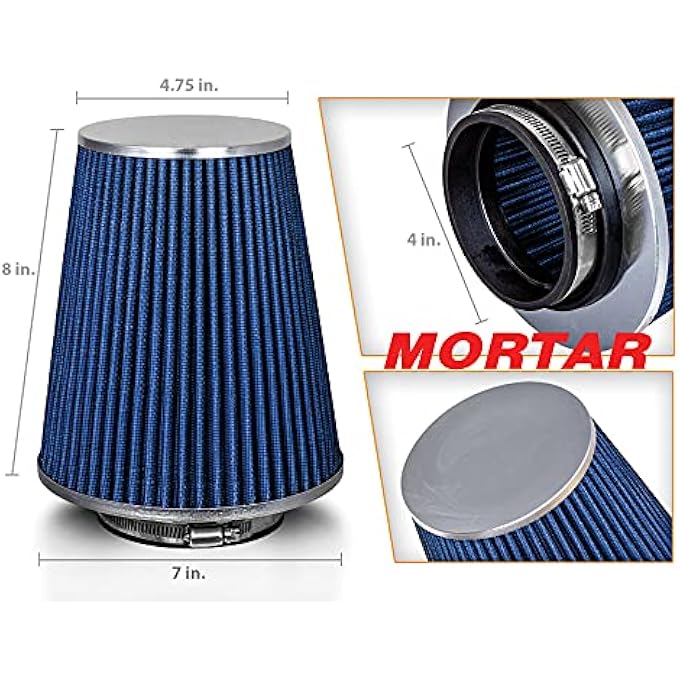 Mortar Aftermarket Auto Air Filter - Car Enthusiast Class Universal Cold Air Intake Gulps in More Air for More Engine Power & Passionate Induction Sound, 8-In-Long, Flange ID 4 In, Blue - Image 2