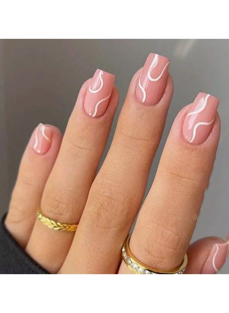 ORiTi 24pcs Pink Press On Nails, Medium Square Fake Nails With French White Stripe Design, Glossy Full Cover False Nails For Women And Girls - Image 1