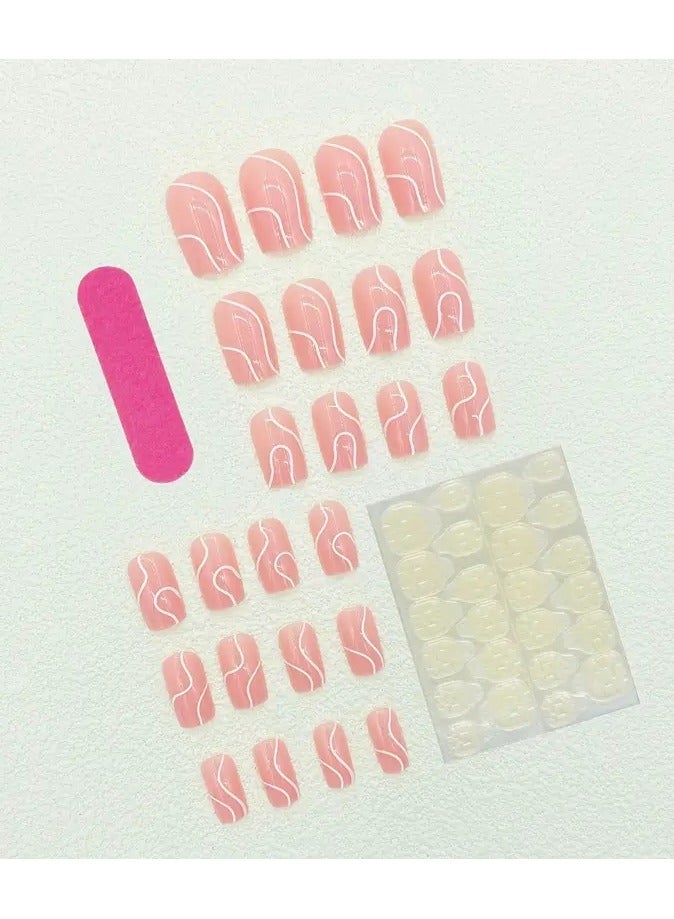 ORiTi 24pcs Pink Press On Nails, Medium Square Fake Nails With French White Stripe Design, Glossy Full Cover False Nails For Women And Girls - Image 4