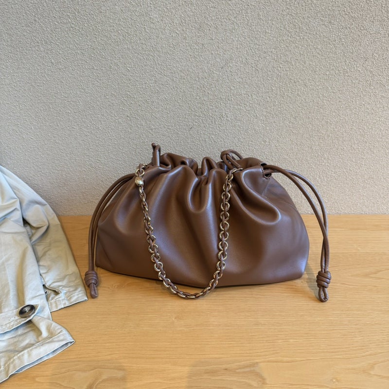 Drawstring Lucky Bag Genuine Leather Women'S Bag Shoulder Crossbody Exquisite Women'S Bag Hand Bag Pleated Chain Bag - Image 1