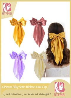 BTFMEI 4 Pieces Silky Satin Ribbon Hair Clip, Bow French Large Long Tail Hair Ribbo Barrettes Metal Clips, Bowknot Aesthetic for Women, Girls and Teens (Purple+white+pink+yellow)  - Image 1