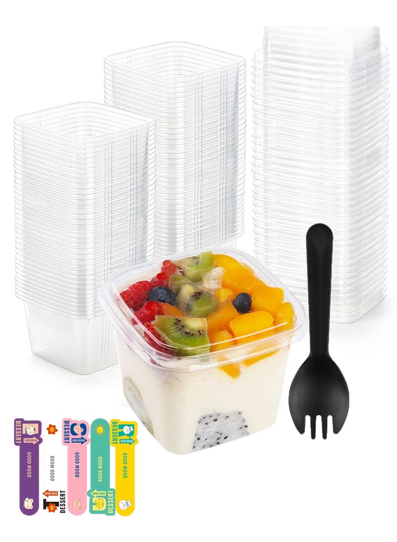 50pcs Dessert Cups 14 oz Square Plastic Dessert Cups with Lids and fork, Clear Plastic Yogurt Parfait Cups Cake Cups for Mousse, Fruit, Banana Pudding Cups  - Image 1