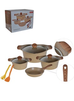 PROCILA 9-Piece Aluminum Cookware Set Beige With Tempered Glass Lid, Soft Touch Wooden Handles, Non-Stick & Granite Coating; Casserole Sizes 20,24,28CM; Frypan Size 24CM; 2PCS Spoons  - Image 2